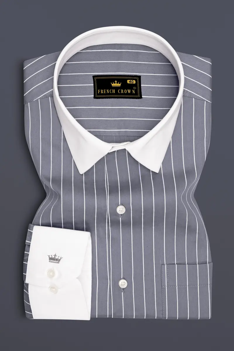 Chrome-Storm Gray And Bright White Pin Striped Super Soft Premium Cotton Dress White Cuff Collar Shirt 2