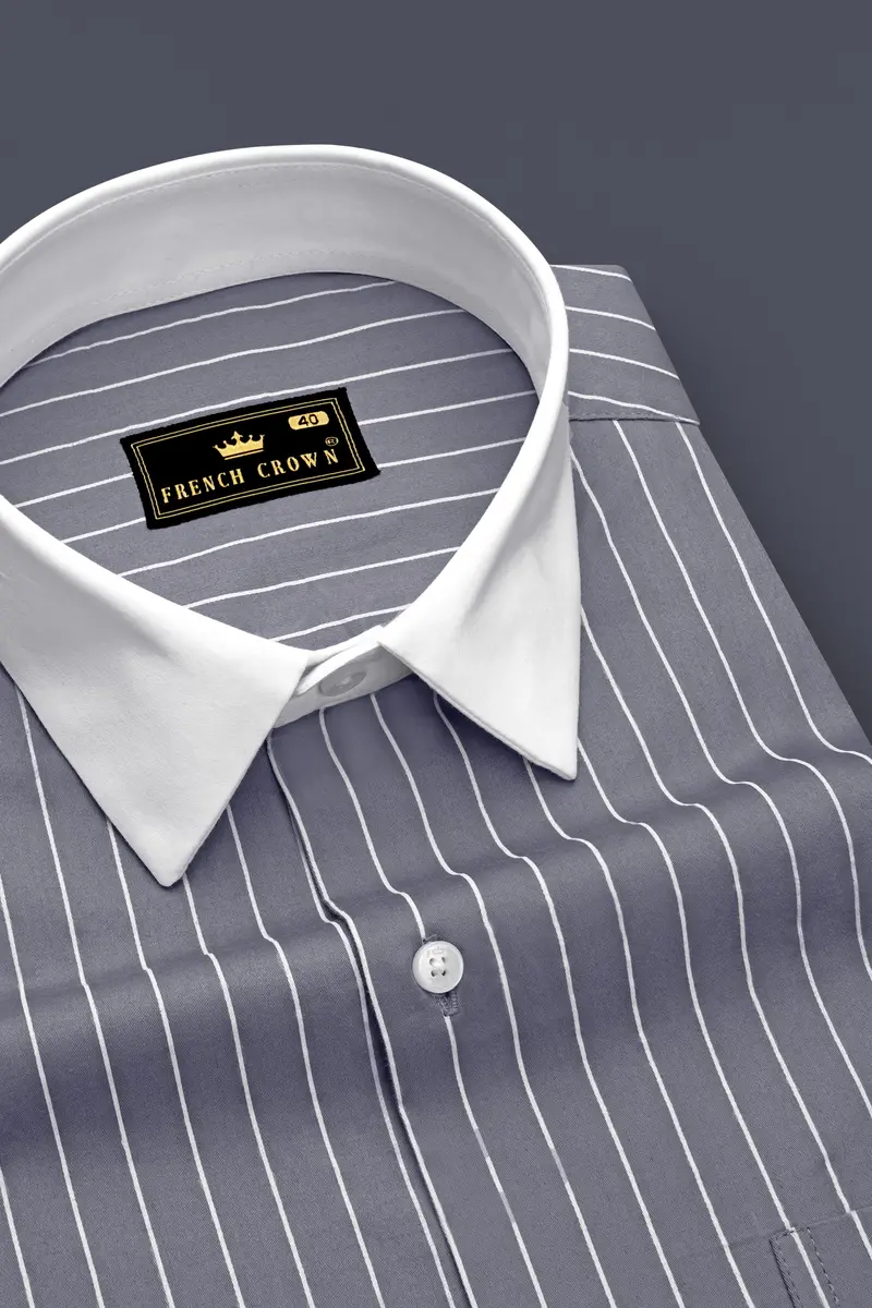 Chrome-Storm Gray And Bright White Pin Striped Super Soft Premium Cotton Dress White Cuff Collar Shirt 4