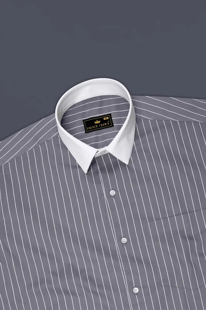 Chrome-Storm Gray And Bright White Pin Striped Super Soft Premium Cotton Dress White Cuff Collar Shirt 5