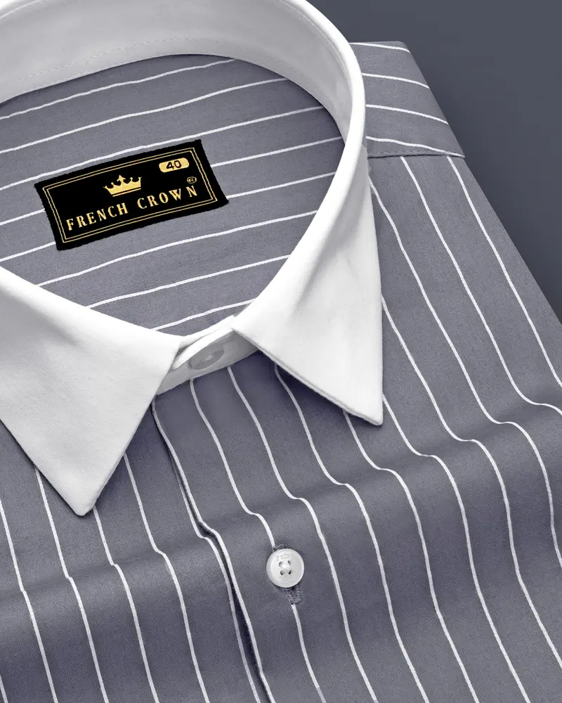 Chrome-Storm Gray And Bright White Pin Striped Super Soft Premium Cotton Dress White Cuff Collar Shirt 6