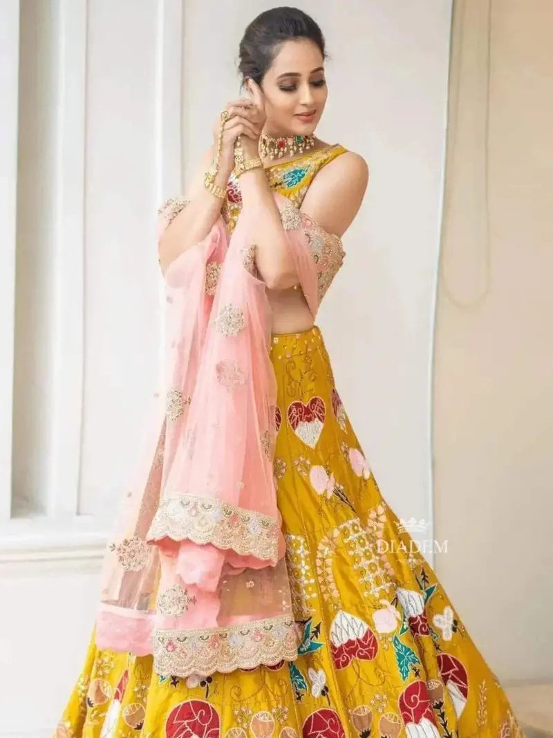 Chrome Yellow Lehenga Embellished In Floral Threads And Gota Patti With Zari Embroidery Dupatta 1