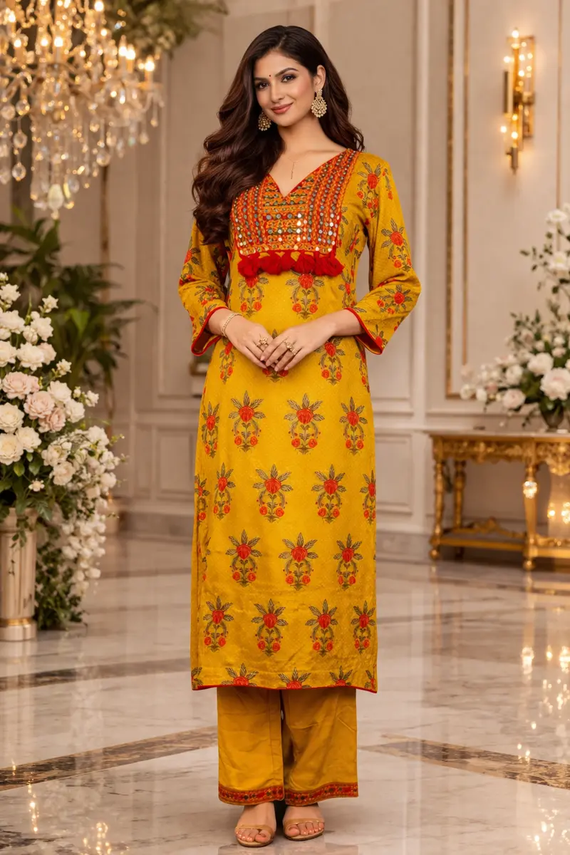 Chrome Yellow Straight Cut Salwar Suit Adorned With Floral Prints And Mirror Work 1
