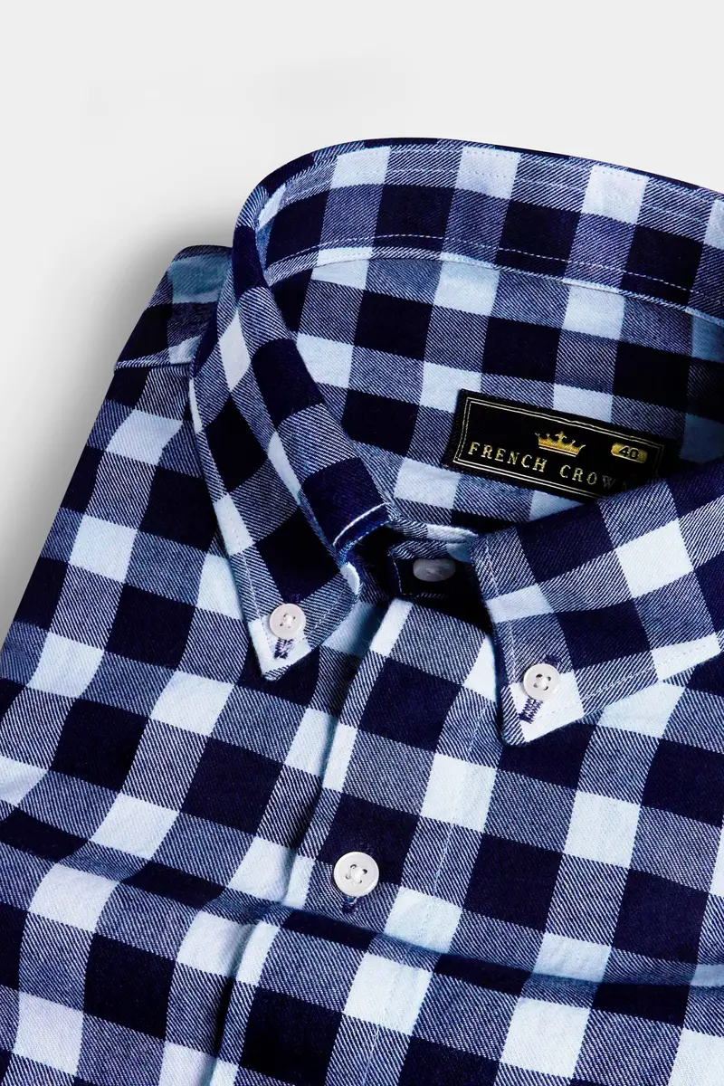 Cinder And Platinum Blue Gingham Checkered Flannel Button Down Shirt 1