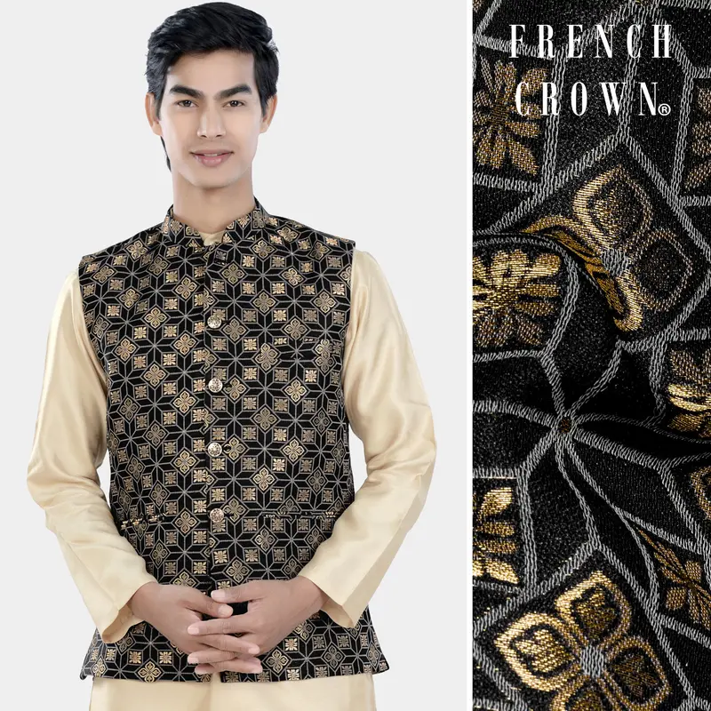 Cinder Black And Tan Brown Geometric Jacquard Textured Designer Nehru Jacket 1