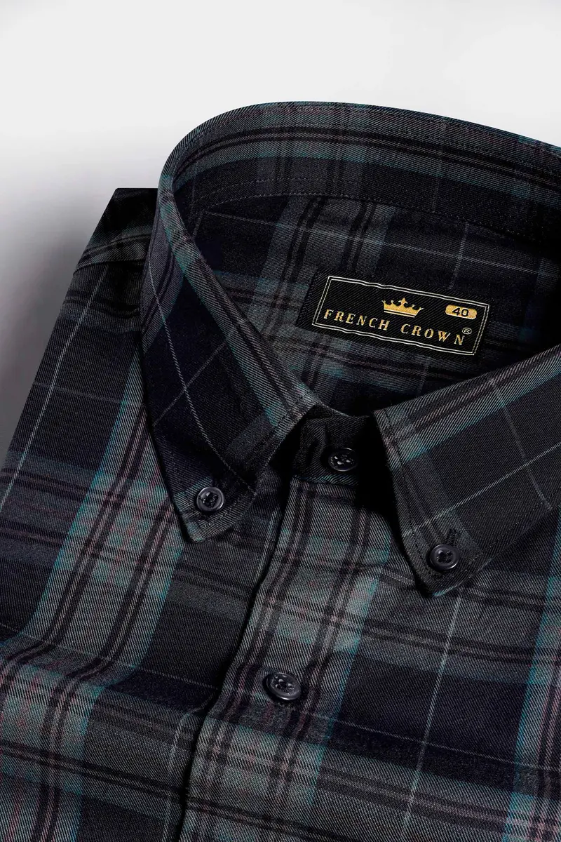 Cinder Black And Wenge Brown Twill Plaid Premium Cotton Button Down Shirt 1