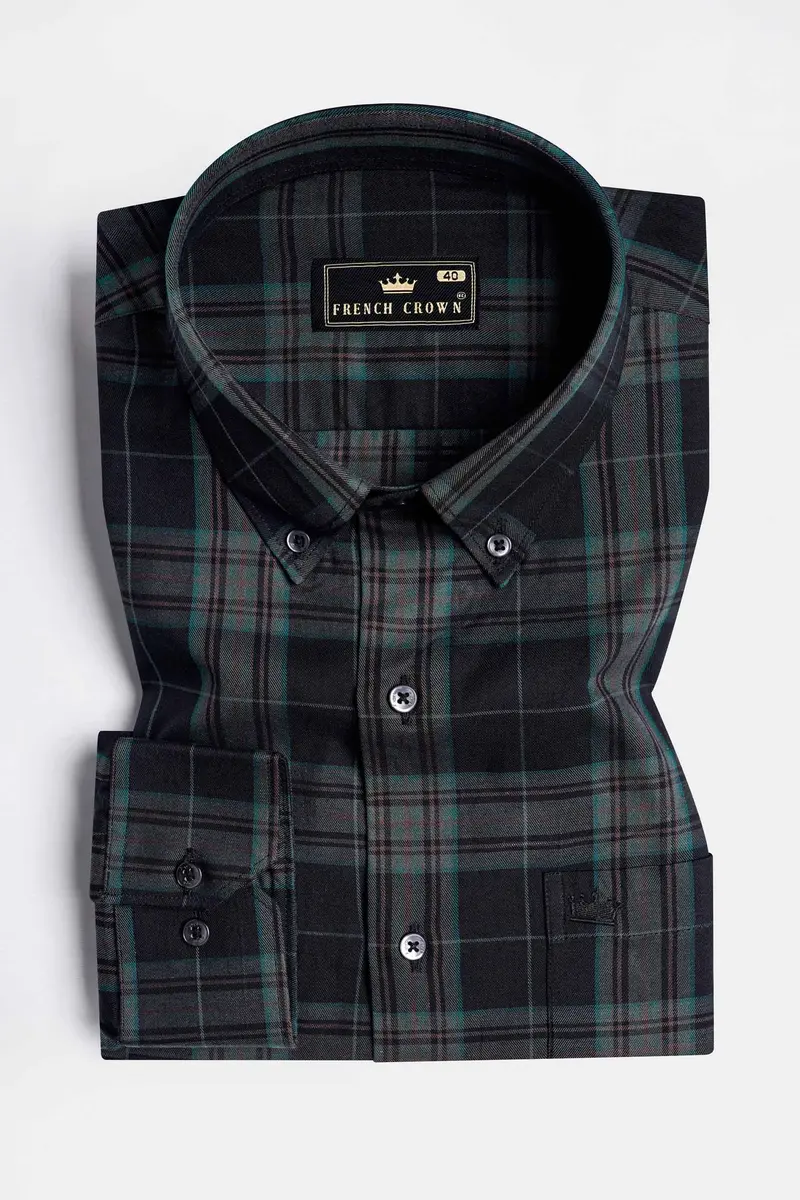 Cinder Black And Wenge Brown Twill Plaid Premium Cotton Button Down Shirt 3