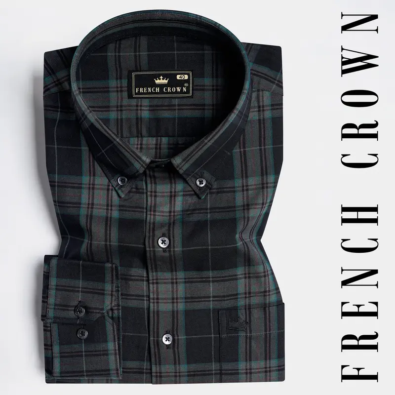 Cinder Black And Wenge Brown Twill Plaid Premium Cotton Button Down Shirt 4