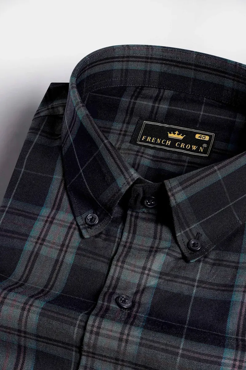 Cinder Black And Wenge Brown Twill Plaid Premium Cotton Button Down Shirt 7