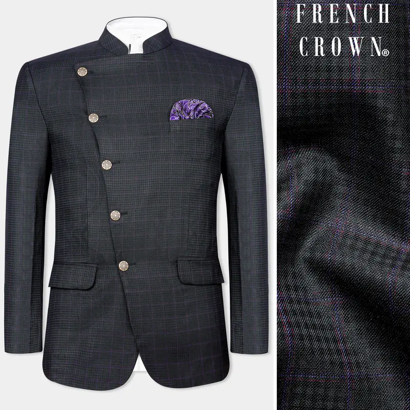 Cinder Black Subtle Checkered Wool Rich Cross Placket Bandhgala Blazer 1