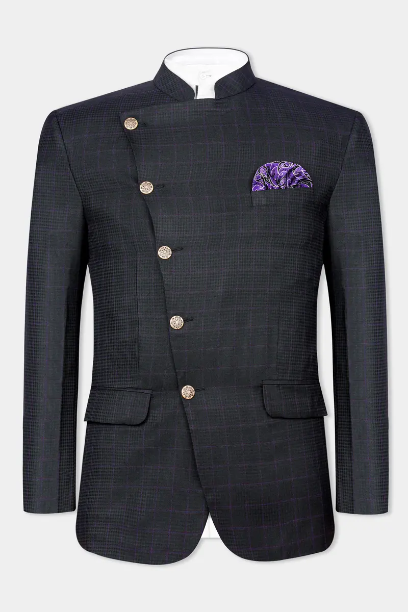 Cinder Black Subtle Checkered Wool Rich Cross Placket Bandhgala Blazer 2