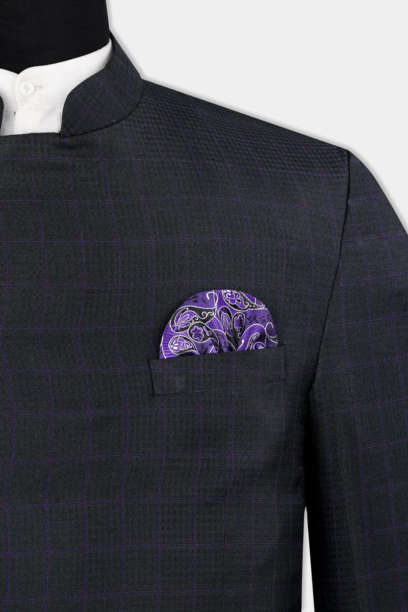 Cinder Black Subtle Checkered Wool Rich Cross Placket Bandhgala Blazer 4
