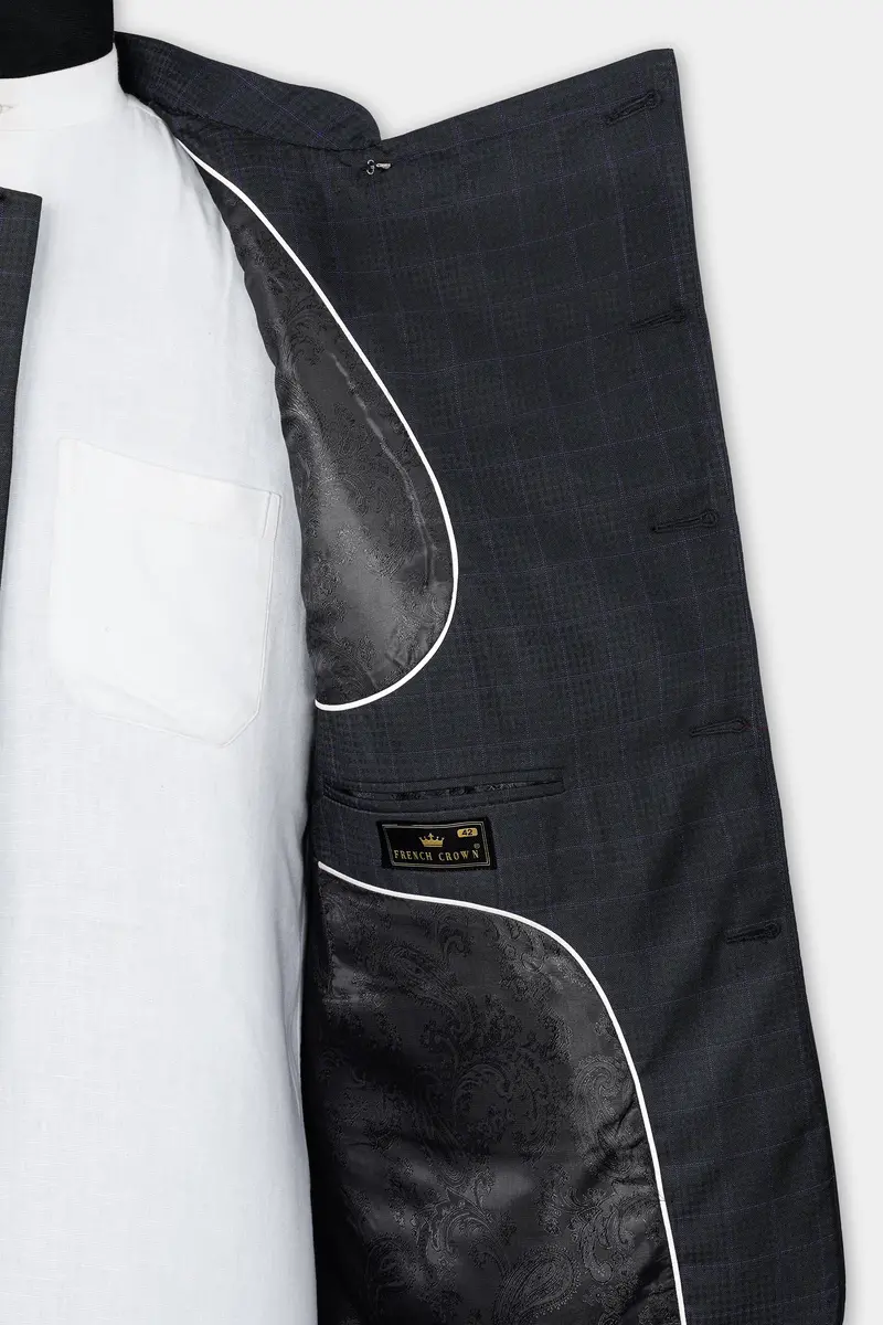 Cinder Black Subtle Checkered Wool Rich Cross Placket Bandhgala Blazer 5