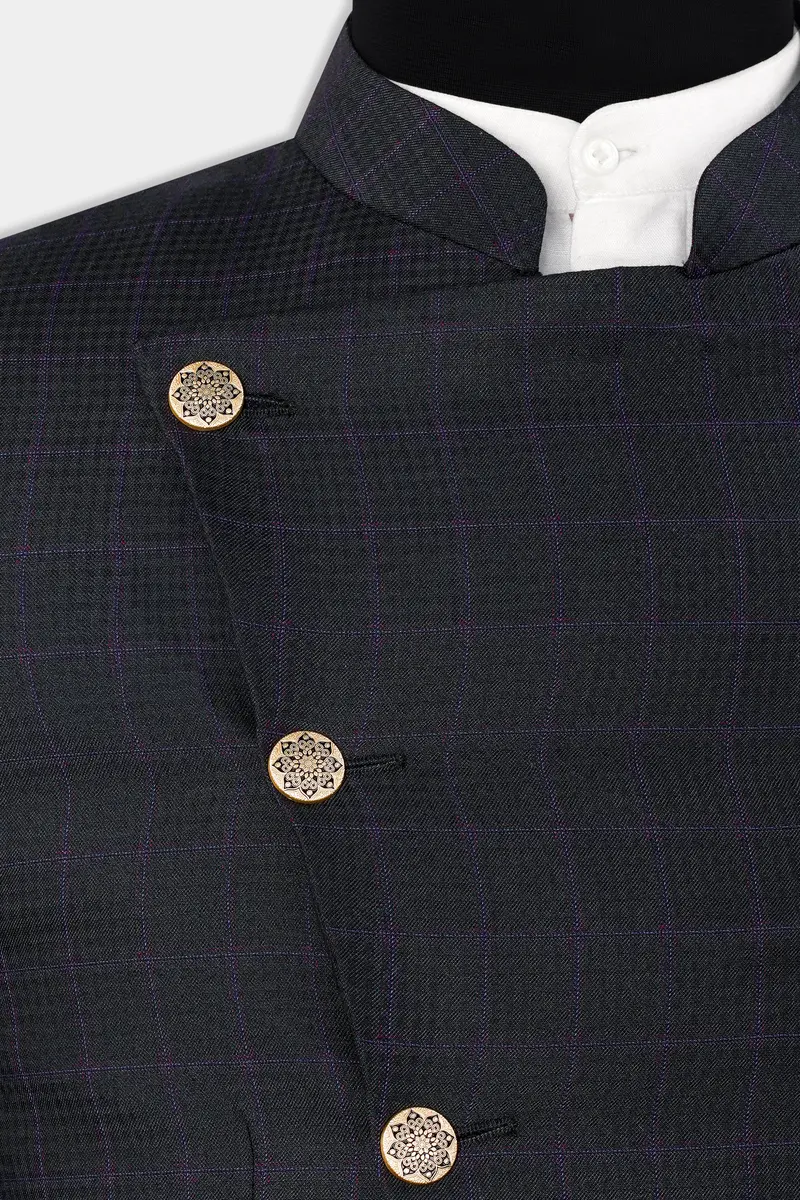 Cinder Black Subtle Checkered Wool Rich Cross Placket Bandhgala Blazer 6