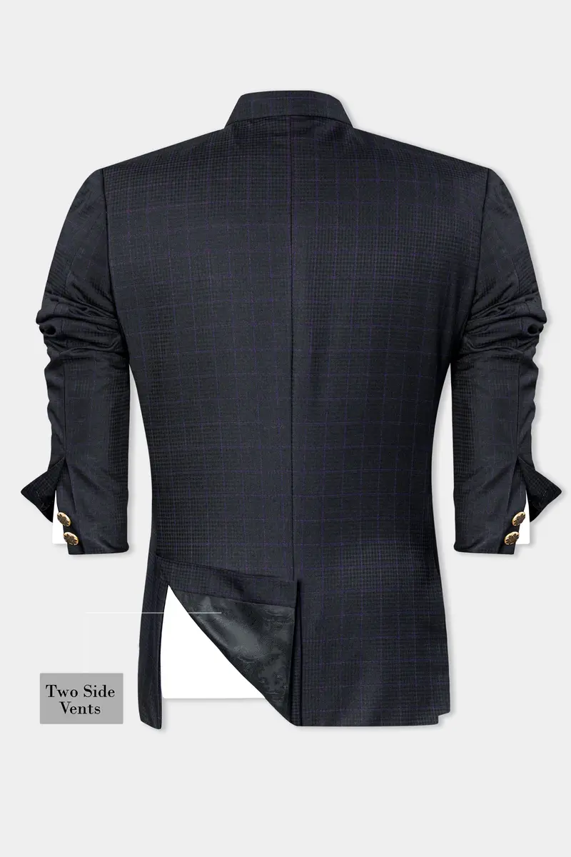 Cinder Black Subtle Checkered Wool Rich Cross Placket Bandhgala Blazer 8