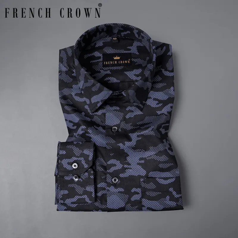 Cinder Black With Waikawa Blue Camo Printed Premium Satin Shirt 1