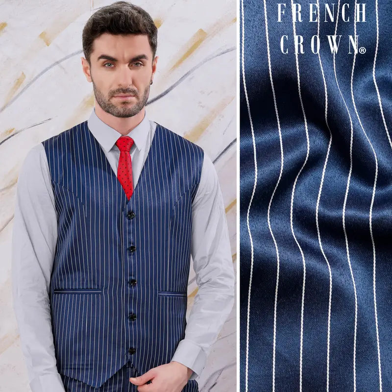 Cinder Blue And White Striped Wool Rich Waistcoat 1