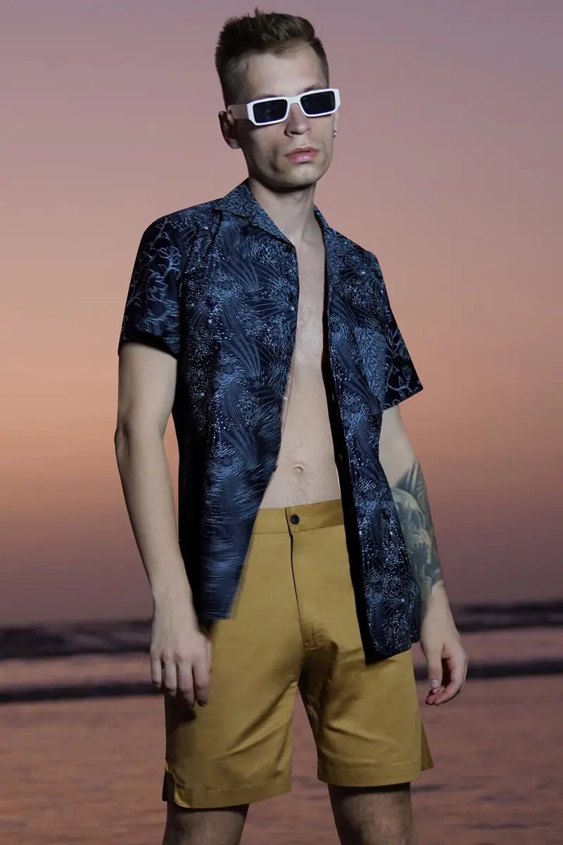 Cinder Blue Leaves Printed Subtle Sheen Super Soft Premium Cotton Shirt 2