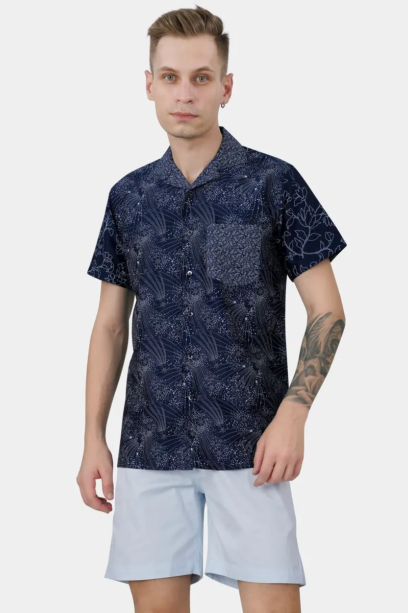 Cinder Blue Leaves Printed Subtle Sheen Super Soft Premium Cotton Shirt 7