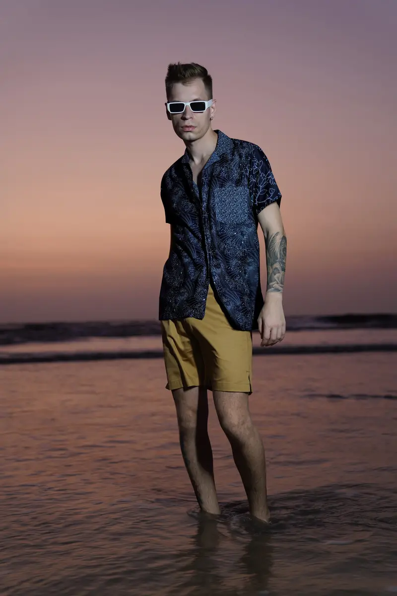 Cinder Blue Leaves Printed Subtle Sheen Super Soft Premium Cotton Shirt 9