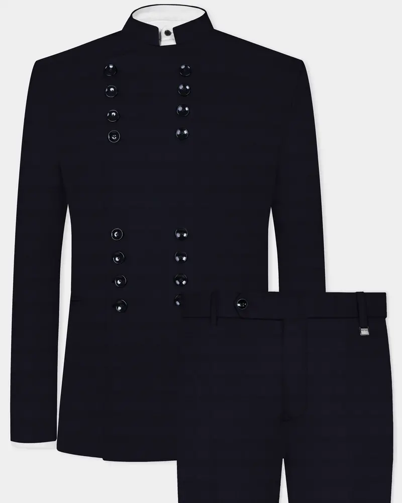 Cinder Blue Textured Wool Rich Bandhgala Designer Suit 1