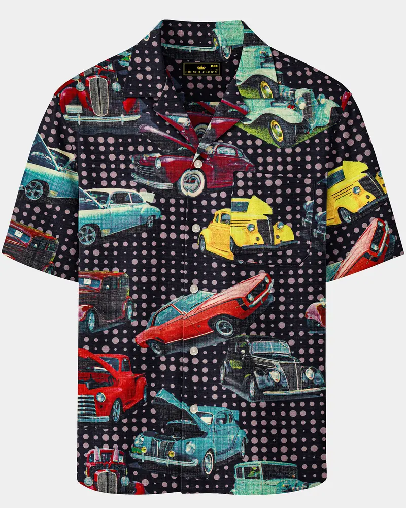 Cinder Blue Vintage Car Printed Lightweight Premium Cotton Oversized Shirt 1