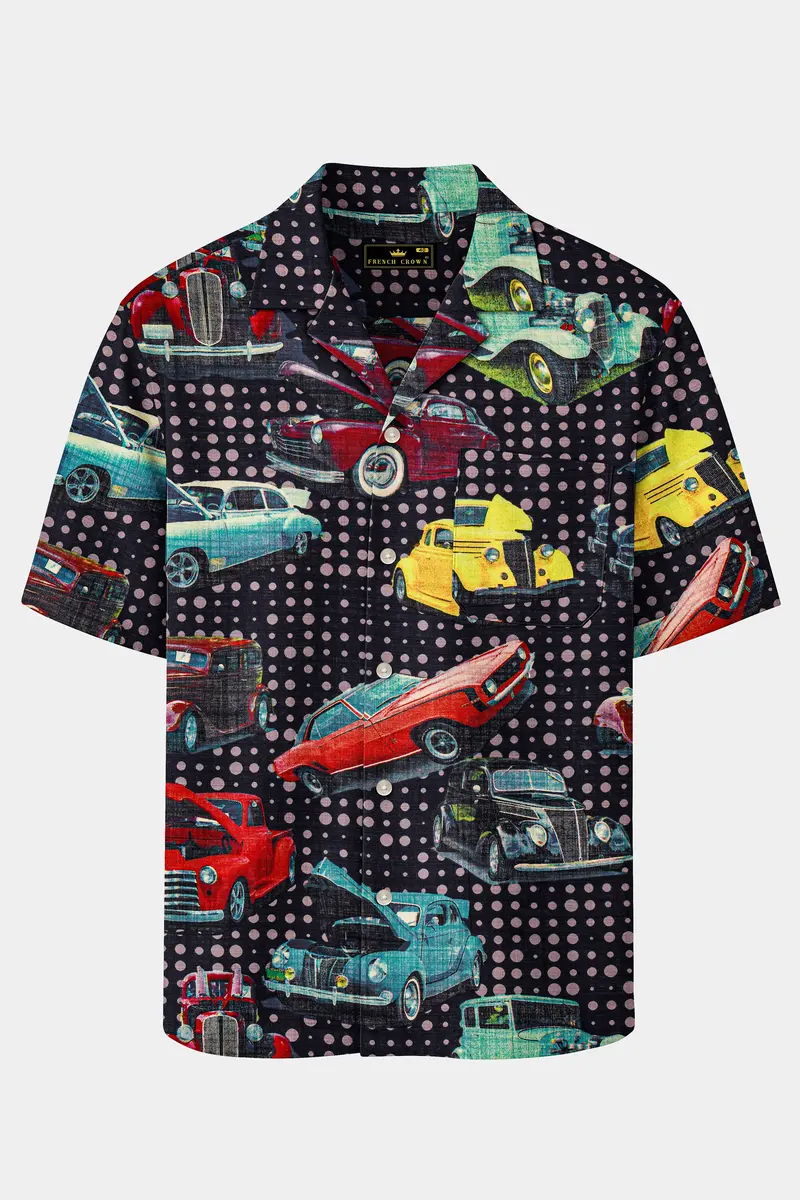 Cinder Blue Vintage Car Printed Lightweight Premium Cotton Oversized Shirt 2
