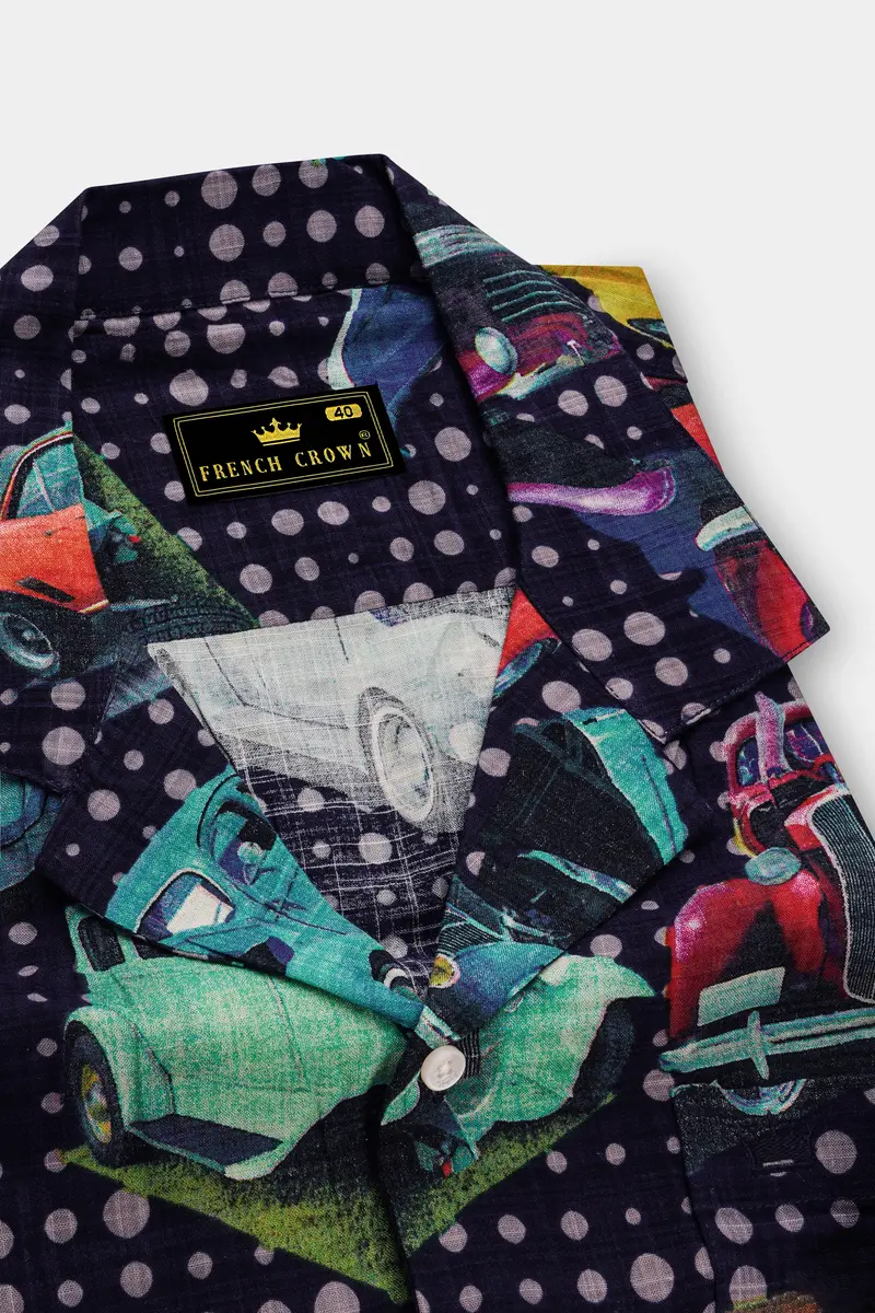 Cinder Blue Vintage Car Printed Lightweight Premium Cotton Oversized Shirt 4