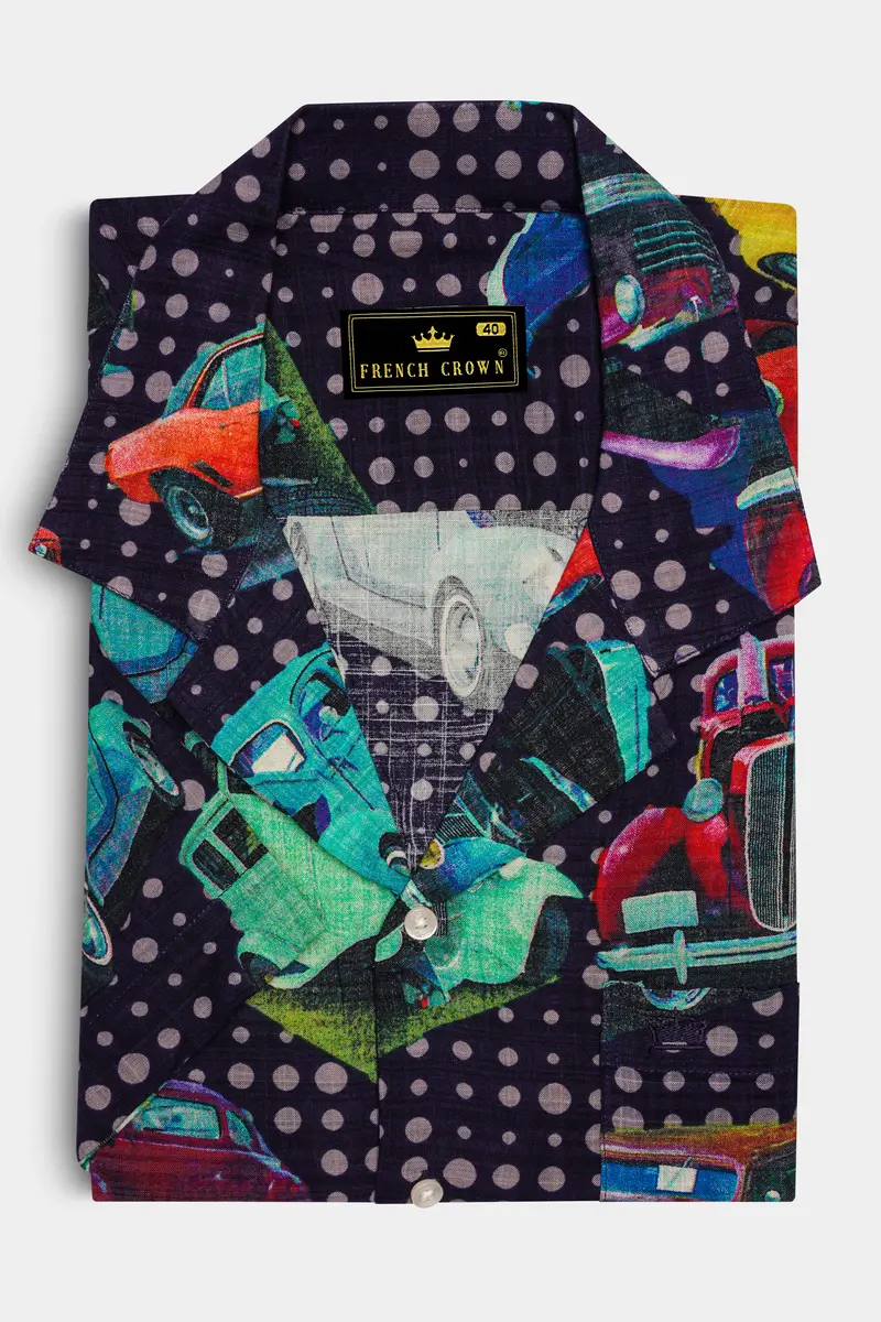 Cinder Blue Vintage Car Printed Lightweight Premium Cotton Oversized Shirt 5