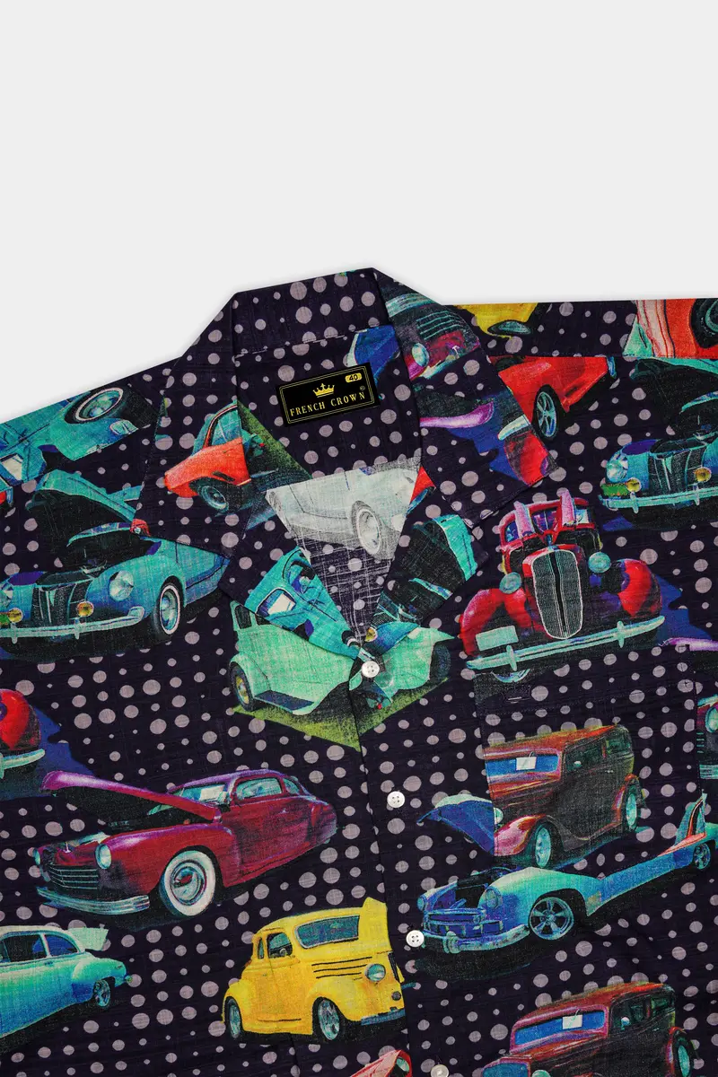 Cinder Blue Vintage Car Printed Lightweight Premium Cotton Oversized Shirt 6
