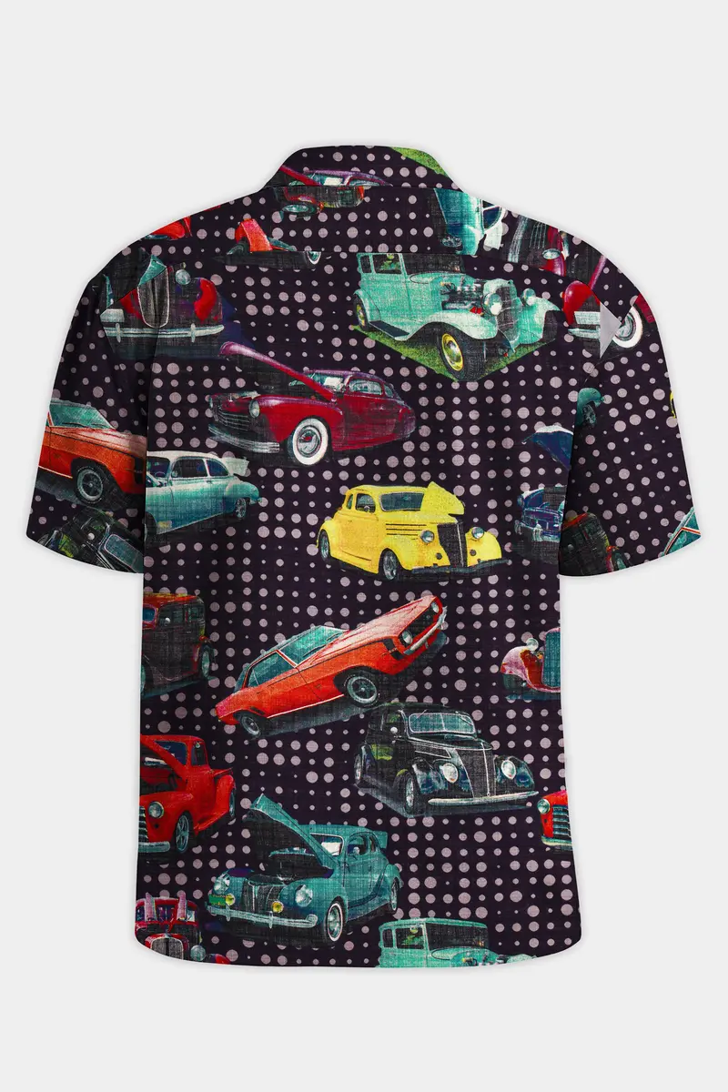 Cinder Blue Vintage Car Printed Lightweight Premium Cotton Oversized Shirt 7
