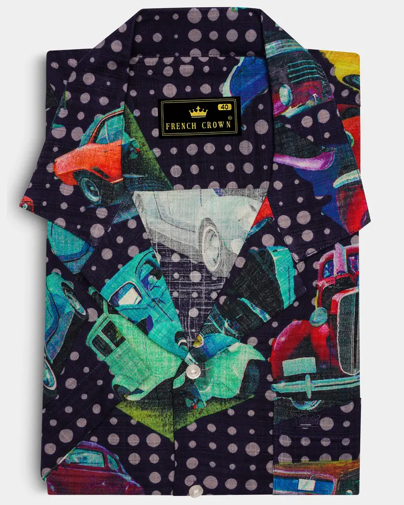 Cinder Blue Vintage Car Printed Lightweight Premium Cotton Oversized Shirt 8