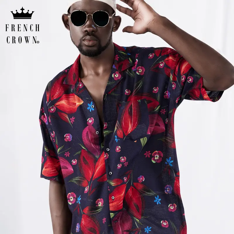 Cinder Blue With Mulberry Wine Floral Printed Lightweight Premium Cotton Oversized Shirt 1