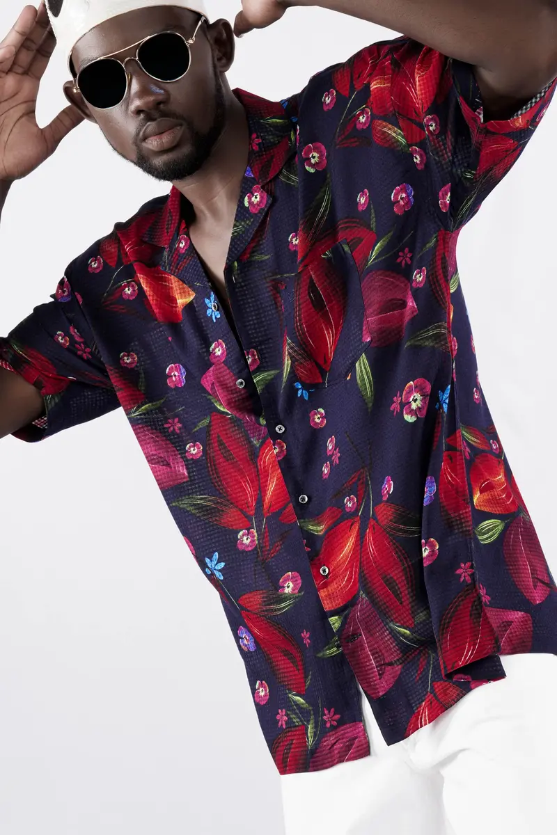 Cinder Blue With Mulberry Wine Floral Printed Lightweight Premium Cotton Oversized Shirt 2