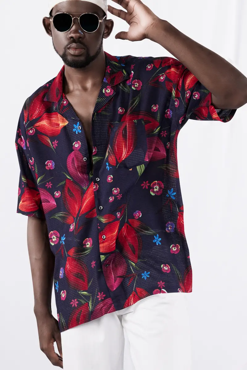 Cinder Blue With Mulberry Wine Floral Printed Lightweight Premium Cotton Oversized Shirt 7