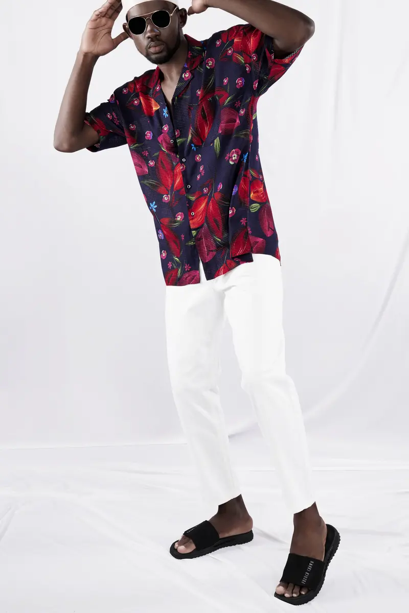 Cinder Blue With Mulberry Wine Floral Printed Lightweight Premium Cotton Oversized Shirt 8