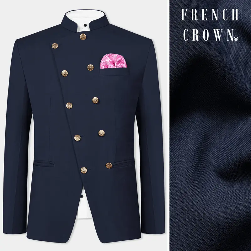 Cinder Blue Wool Rich Cross Placket Bandhgala Blazer 1