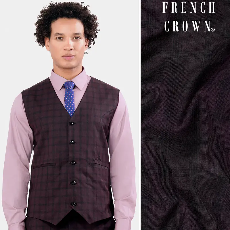 Cinder Purple Checkered Wool Rich Waistcoat 1