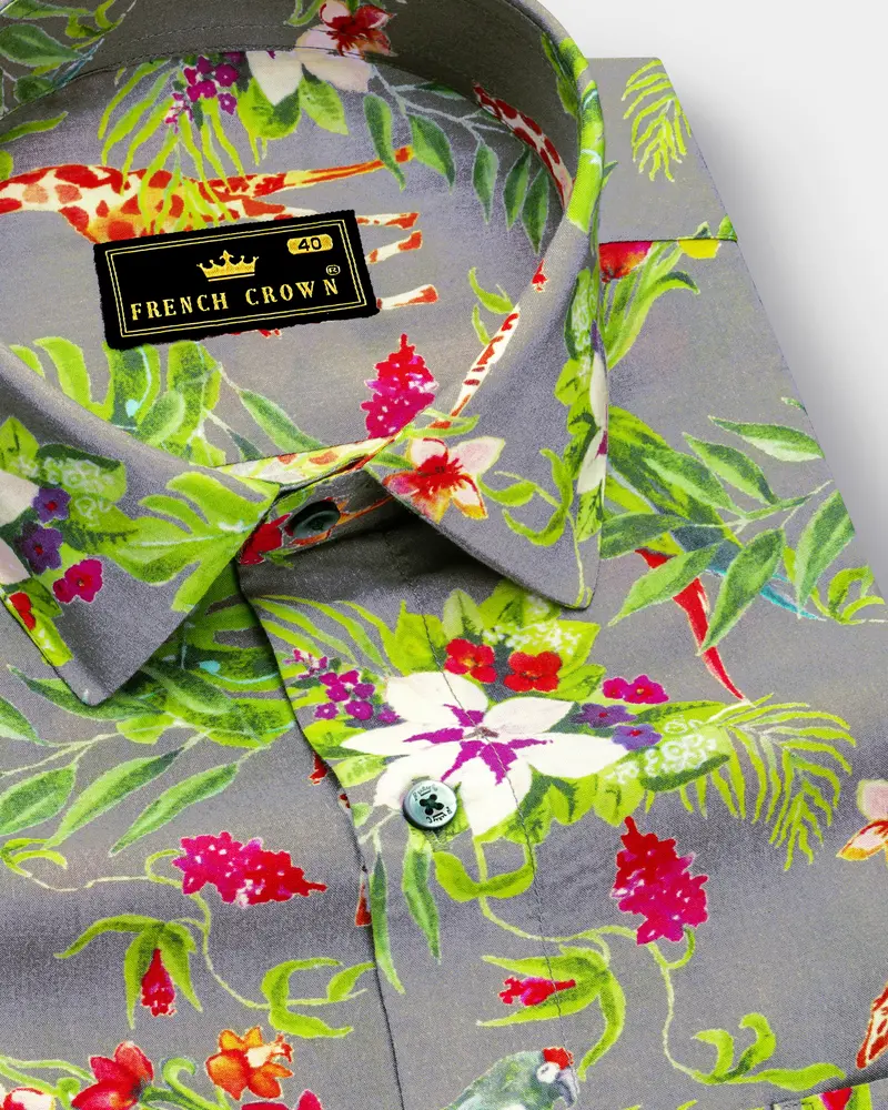 Cinerflo-Friar Gray And Forest Green Floral Printed Super Soft Premium Giza Cotton Casual Shirt 1