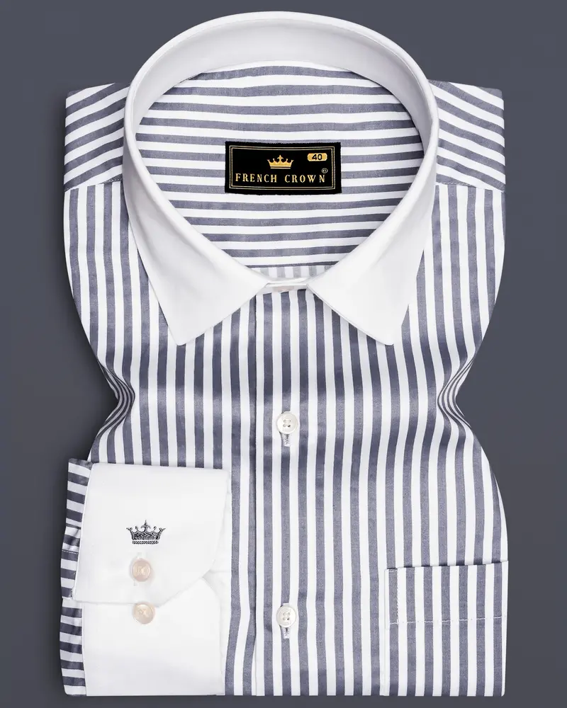 Cinerra-Amethyst Gray And Bright White Striped Subtle Sheen Super Soft Premium Cotton Cuff Collar Dress Shirt 1