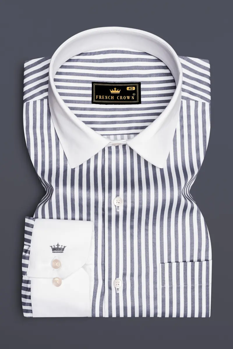 Cinerra-Amethyst Gray And Bright White Striped Subtle Sheen Super Soft Premium Cotton Cuff Collar Dress Shirt 2