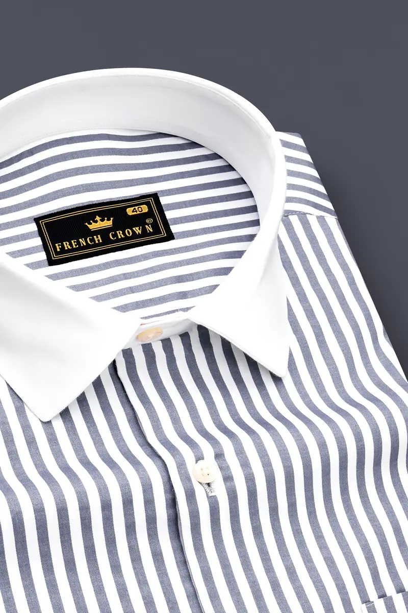 Cinerra-Amethyst Gray And Bright White Striped Subtle Sheen Super Soft Premium Cotton Cuff Collar Dress Shirt 4