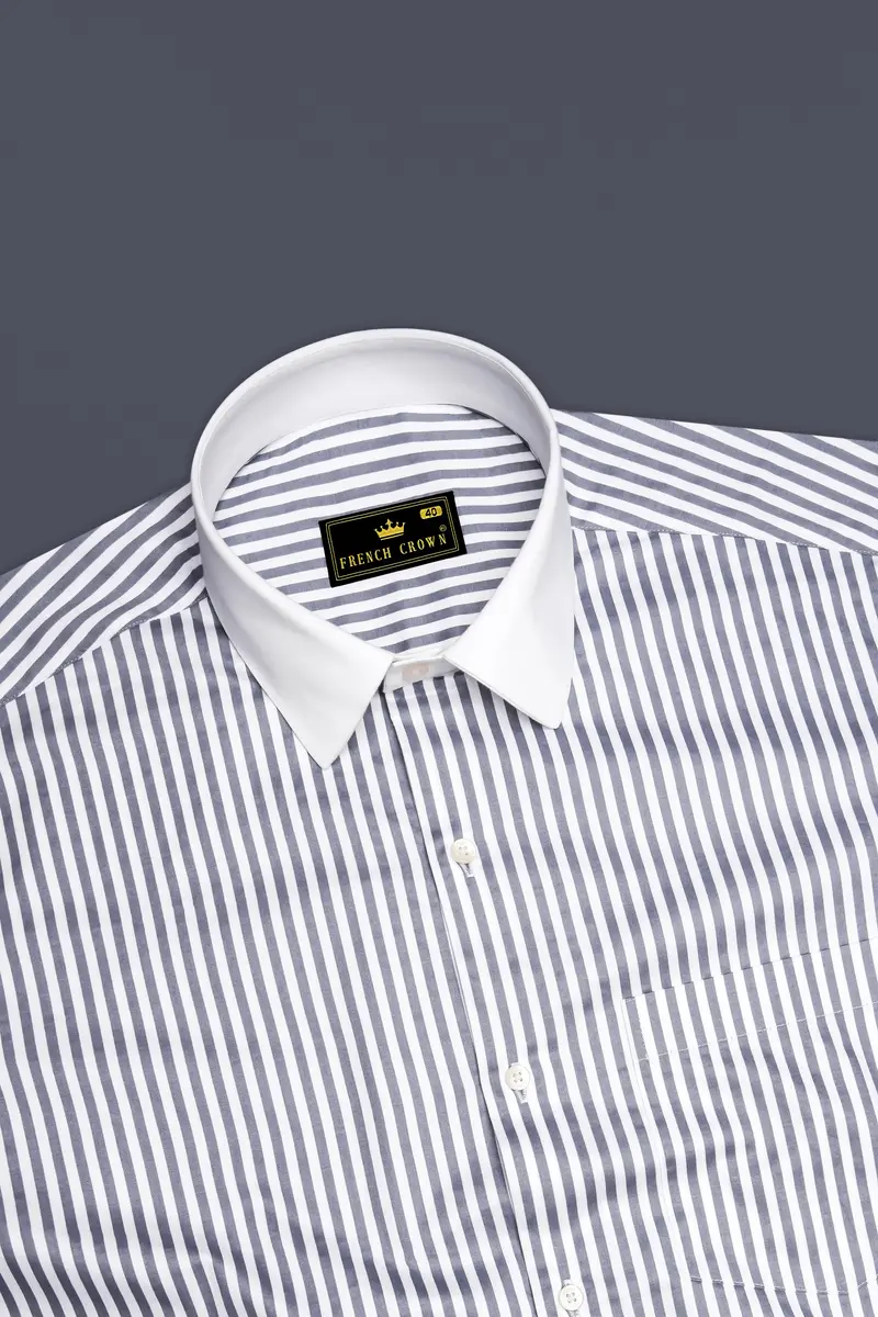 Cinerra-Amethyst Gray And Bright White Striped Subtle Sheen Super Soft Premium Cotton Cuff Collar Dress Shirt 5