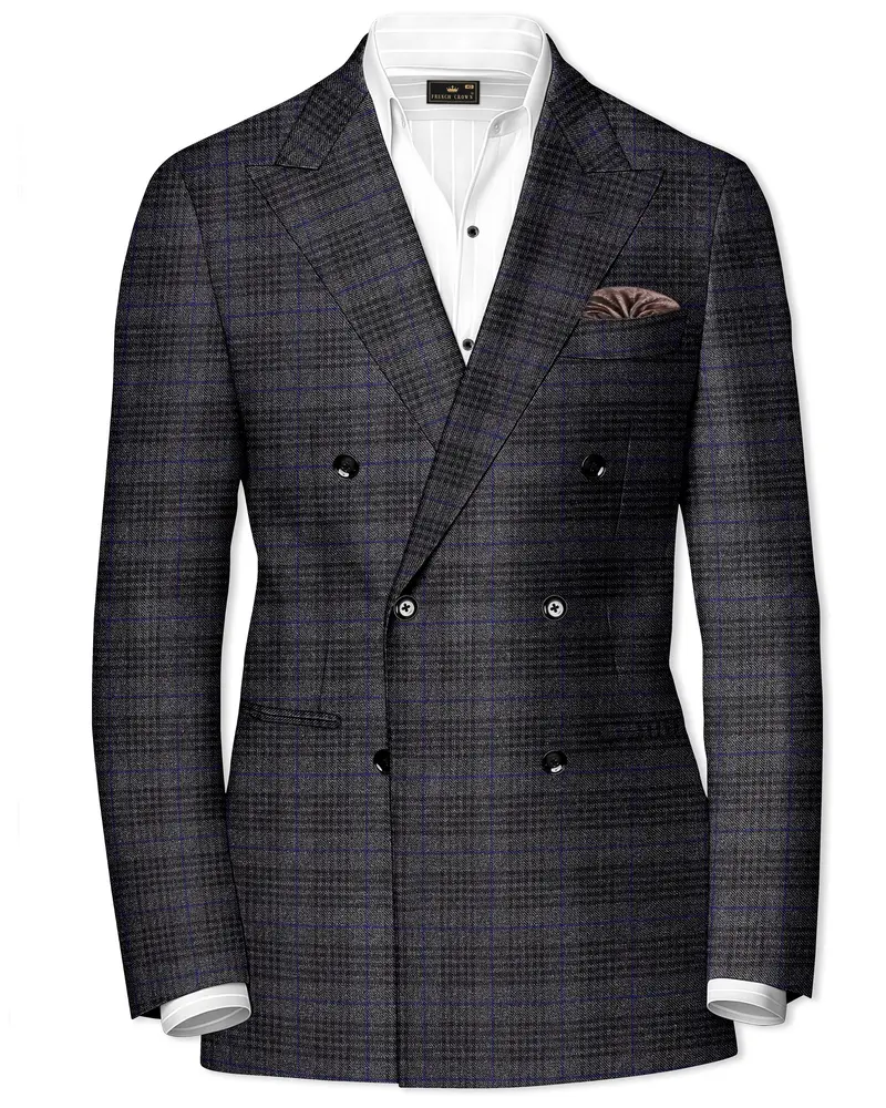Cinerro-Shark Gray Plaid Tweed Double Breasted Blazer 1