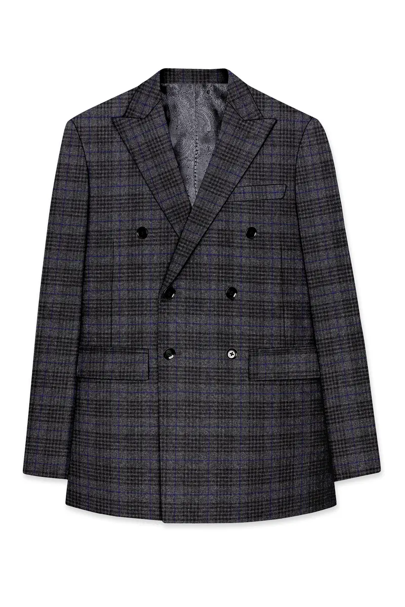 Cinerro-Shark Gray Plaid Tweed Double Breasted Blazer 7