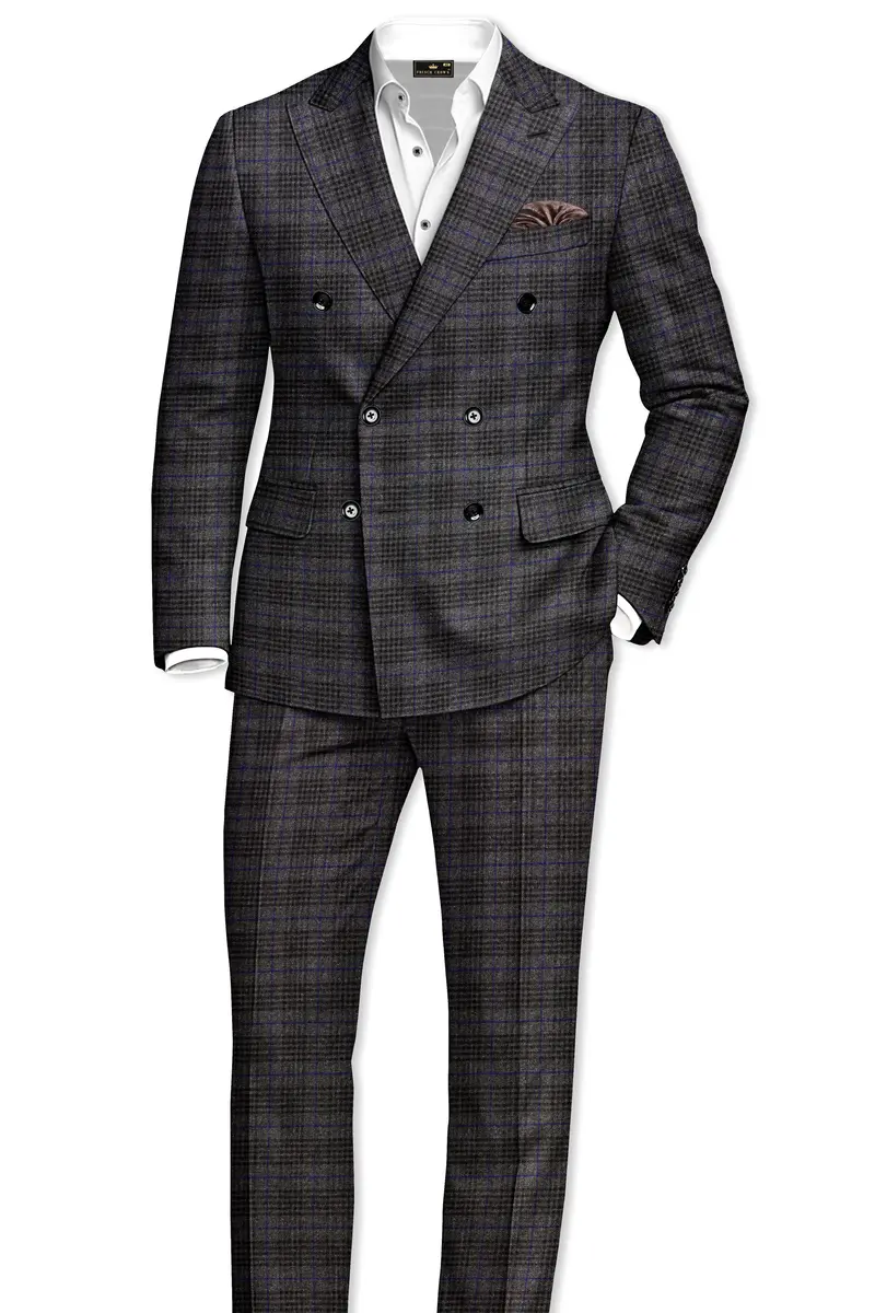 Cinerro-Shark Gray Plaid Tweed Double Breasted Blazer 9