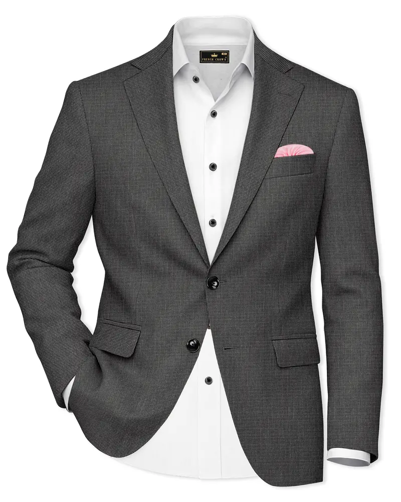 Cinerro-Tuatara Gray Wool Rich Houndstooth Textured Single Breasted Blazer 1