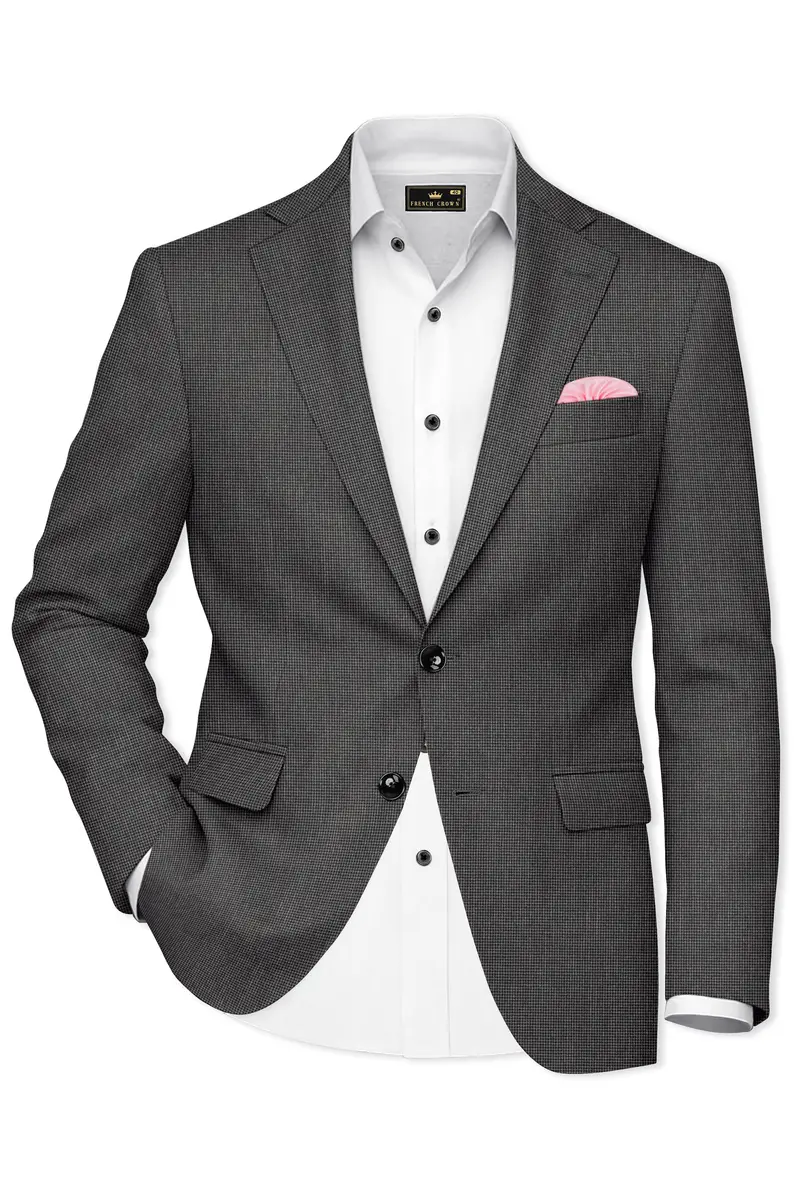Cinerro-Tuatara Gray Wool Rich Houndstooth Textured Single Breasted Blazer 2