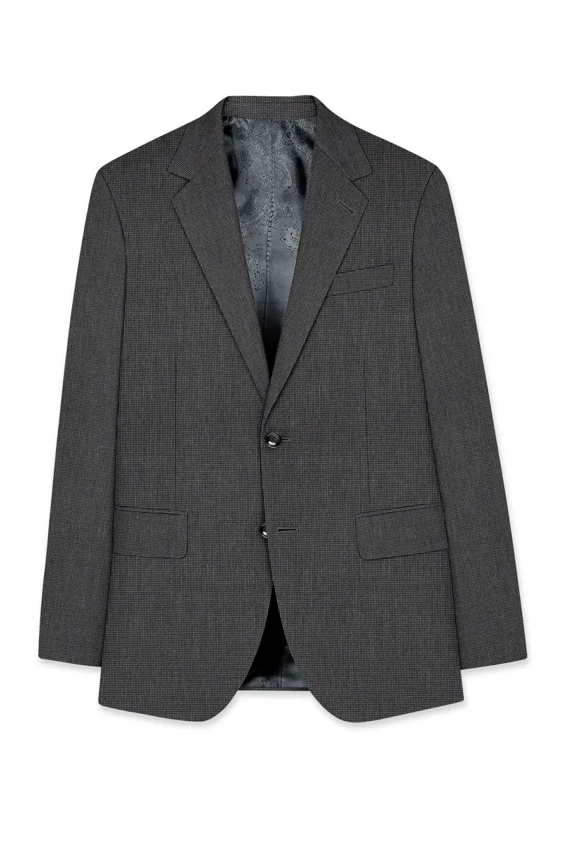 Cinerro-Tuatara Gray Wool Rich Houndstooth Textured Single Breasted Blazer 7