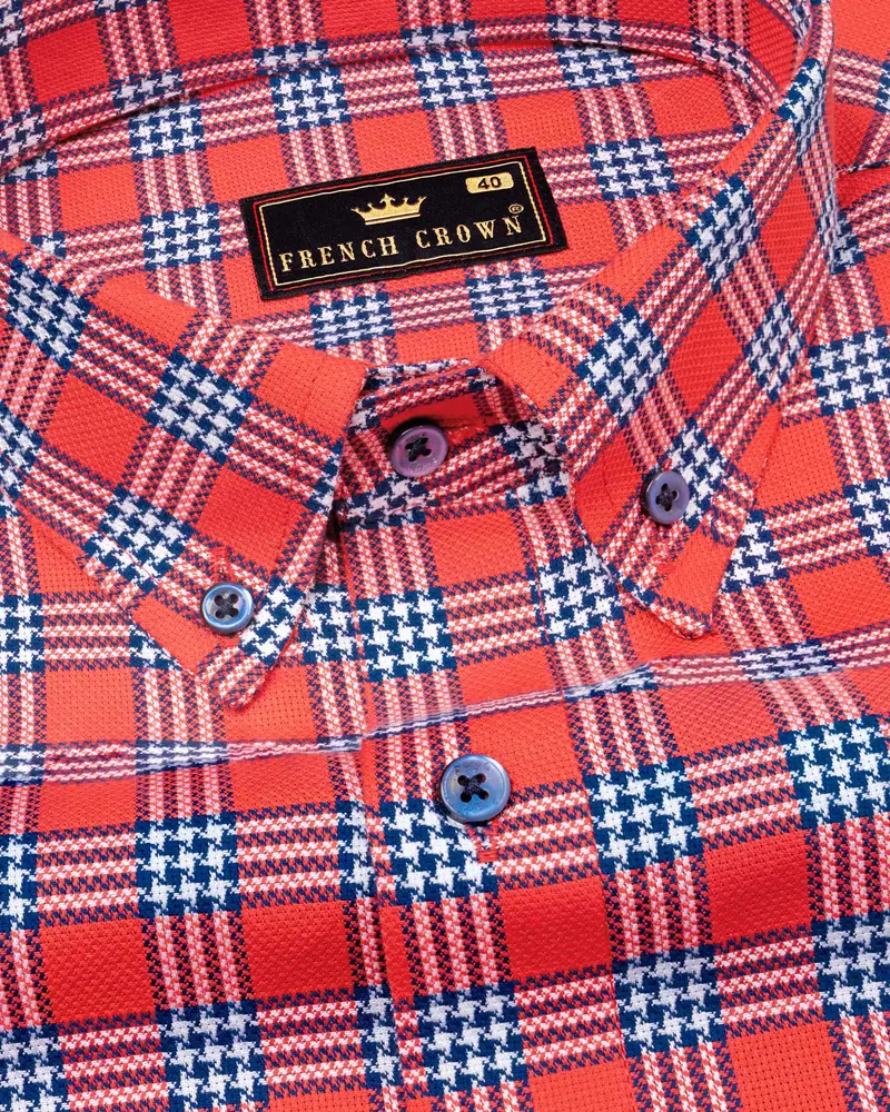 Cinnabar Red Checkered Dobby Textured Premium Giza Cotton Shirt 1