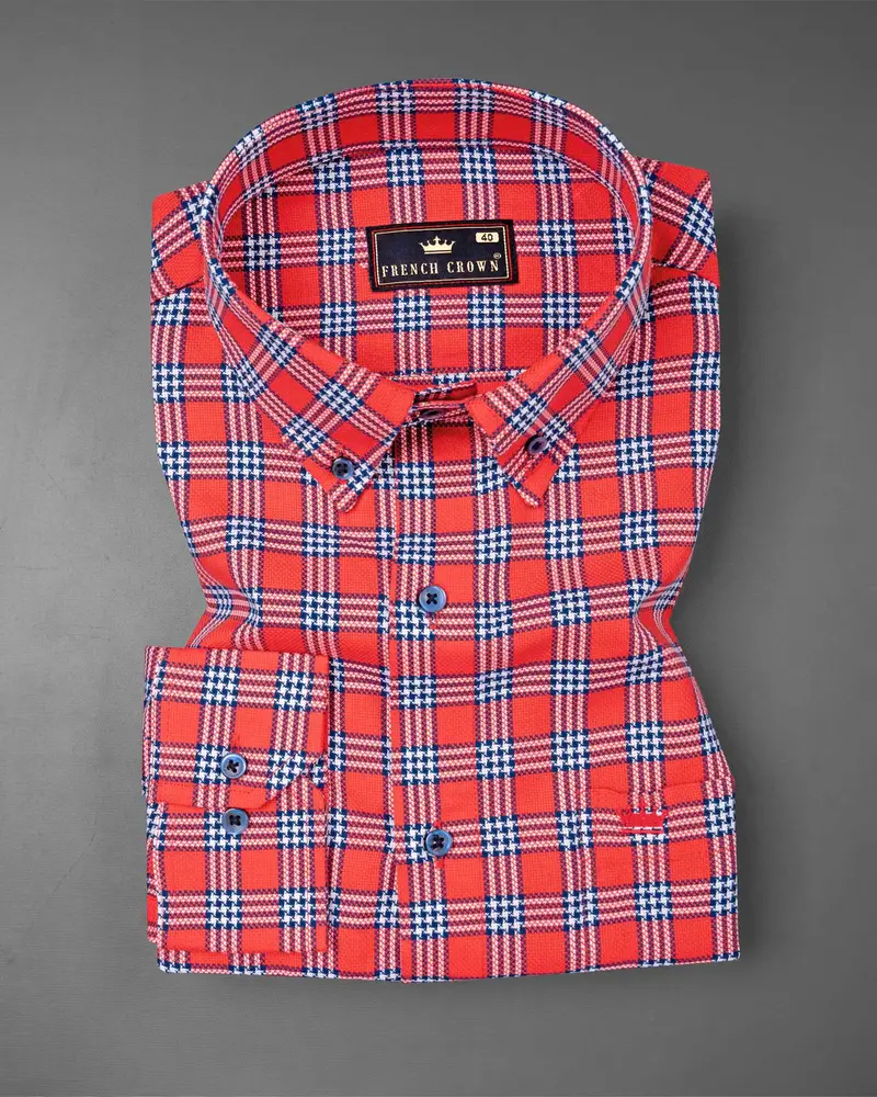 Cinnabar Red Checkered Dobby Textured Premium Giza Cotton Shirt 3